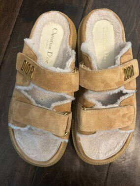 Christian Dior Dioract Shearling Fur Sandals Gold Logo Strap Made in Italy EU 39